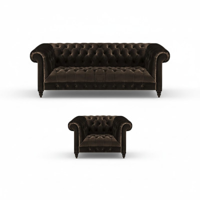 Bruine Chesterfield bekleding set designer 3-zits bank textiel fauteuil 2-delig