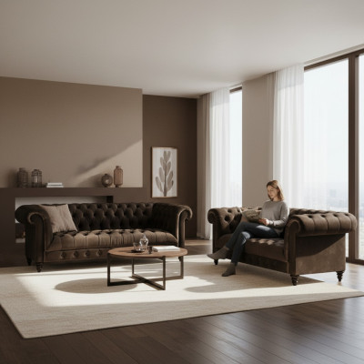 Bruine Chesterfield zitmeubels woonkamer 2-zits luxe driezits 2-delig
