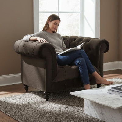 Bruine Chesterfield fauteuil moderne textiel woonkamer eenzitter.