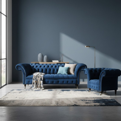 Blau Chesterfield Set Designer Driedelige Stoffen Fauteuil 2-delige Meubels.