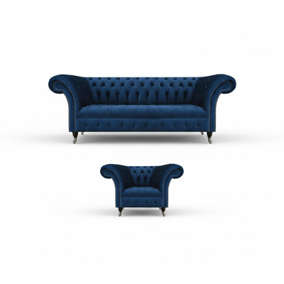 Blau Chesterfield Set Designer Driedelige Stoffen Fauteuil 2-delige Meubels.