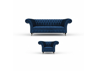 Blau Chesterfield Set Designer Driedelige Stoffen Fauteuil 2-delige Meubels.