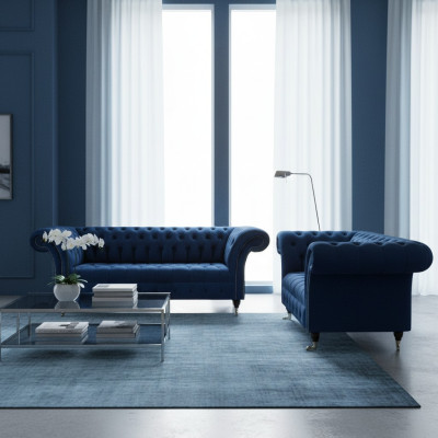 Adellijke Chesterfield bankstel designer blauwe driezitsbank 2-zitsbekleding
