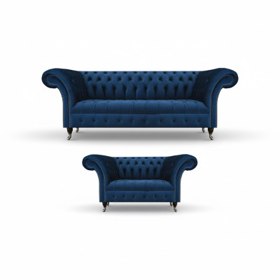 Adellijke Chesterfield bankstel designer blauwe driezitsbank 2-zitsbekleding