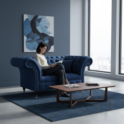 Blauwe Chesterfield tweezitsbank woonkamer gestoffeerde zitmeubelen luxe bank