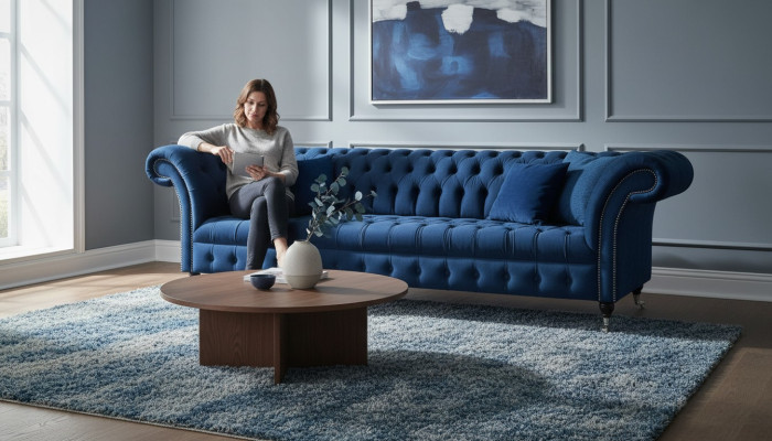 Blauwe Chesterfield gestoffeerde meubels Designer textielbank Moderne stoffen sofa