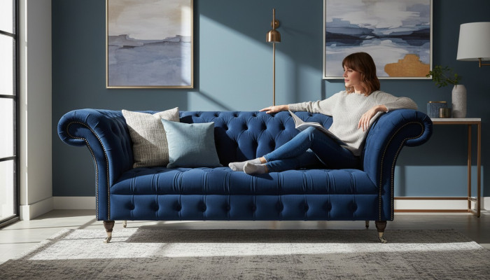 Donkerblauwe Chesterfield woonkamer bank designer driezitter meubelstuk
