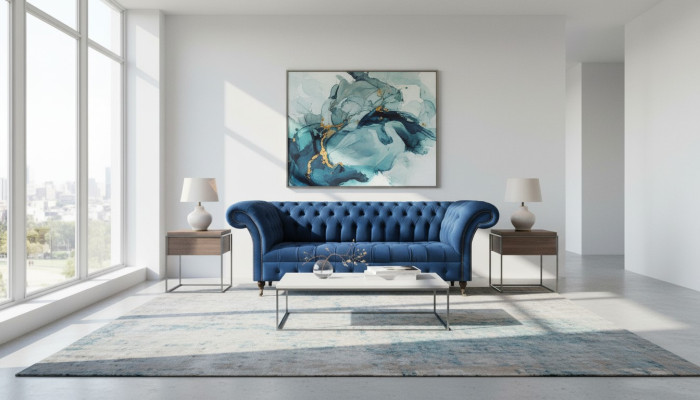 Donkerblauwe Chesterfield woonkamer bank designer driezitter meubelstuk