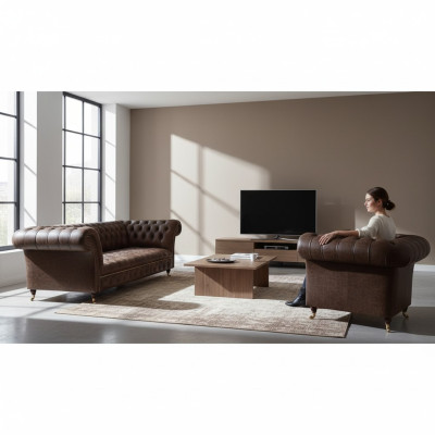 Bruin Chesterfield kunstleren meubels woonkamer driezitter 2-zitter
