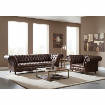 Bruin Chesterfield kunstleren meubels woonkamer driezitter 2-zitter
