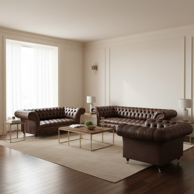 Bruine Chesterfield leren woonkamerinrichting 4-zits tweezits fauteuil.