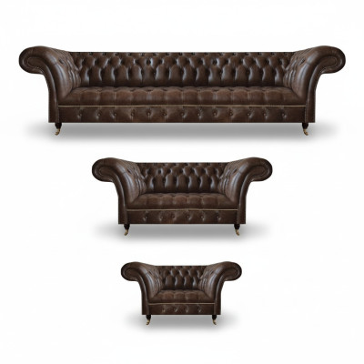 Bruine Chesterfield leren woonkamerinrichting 4-zits tweezits fauteuil.