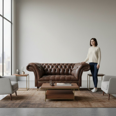 Bruine Chesterfield Leren Tweezitsbank Moderne Woonkamer Ontwerpmeubilair
