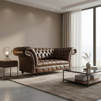 Bruine Chesterfield Leren Tweezitsbank Moderne Woonkamer Ontwerpmeubilair