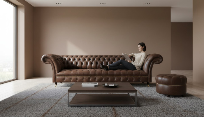 Bruine leren Chesterfield-bank, 4-zits bank moderne leren zitmeubels