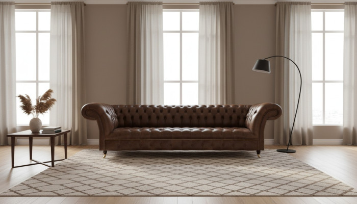 Bruine leren Chesterfield-bank, 4-zits bank moderne leren zitmeubels