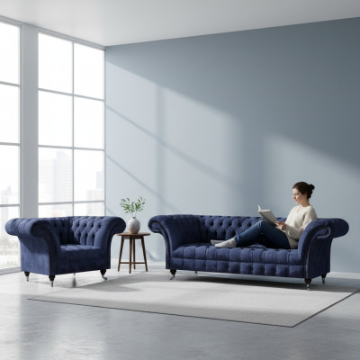 Blauwe Chesterfield stoffen meubelset woonkamer bekleding zitmeubelen 2-delig set