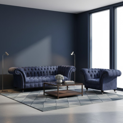 Blauwe Chesterfield stoffen meubelset woonkamer bekleding zitmeubelen 2-delig set