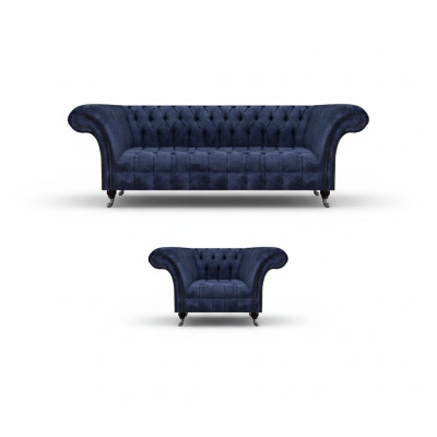 Blauwe Chesterfield stoffen meubelset woonkamer bekleding zitmeubelen 2-delig set