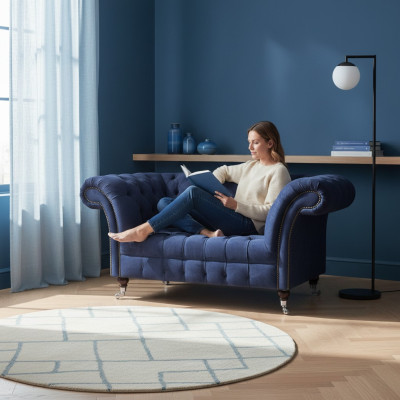 Chesterfield Blauwe Gestoffeerde Bankstel Woonkamer 2-Zits Luxe Elegante Zitmeubels