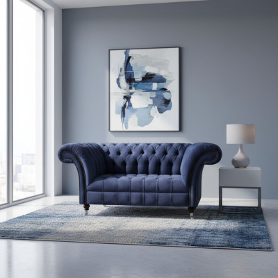 Chesterfield Blauwe Gestoffeerde Bankstel Woonkamer 2-Zits Luxe Elegante Zitmeubels