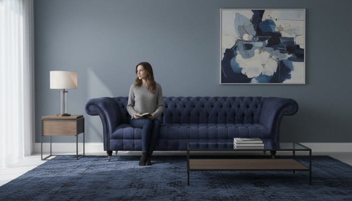 Blauwe Chesterfield zitmeubels woonkamer vierzitsbank gestoffeerde sofa's