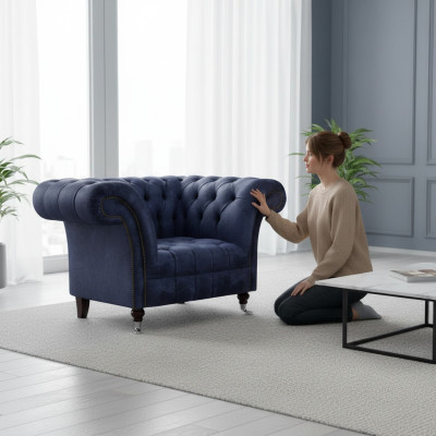 Donkerblauwe Chesterfield eenzits woonkamer textielen gestoffeerde fauteuil nieuw