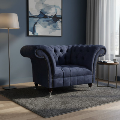 Donkerblauwe Chesterfield eenzits woonkamer textielen gestoffeerde fauteuil nieuw
