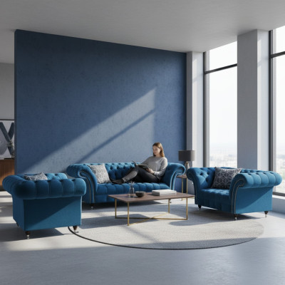 Chesterfield Blau Gestoffeerde Meubelset Woonkamer Bankstel 3-Zits 3-delig