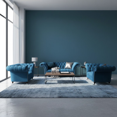 Chesterfield Blau Gestoffeerde Meubelset Woonkamer Bankstel 3-Zits 3-delig