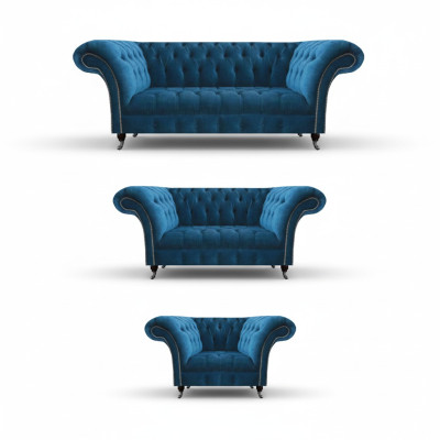 Chesterfield Blau Gestoffeerde Meubelset Woonkamer Bankstel 3-Zits 3-delig
