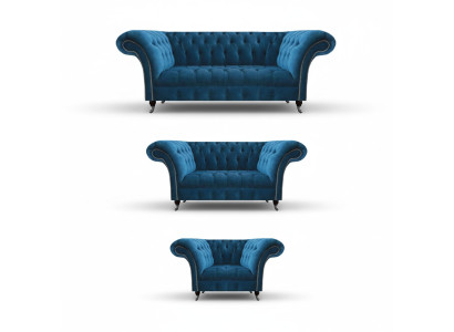 Chesterfield Blau Gestoffeerde Meubelset Woonkamer Bankstel 3-Zits 3-delig