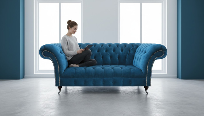 Blauwe Chesterfield Luxe Bank Woonkamer Textielzitting Elegante Driezitsbank