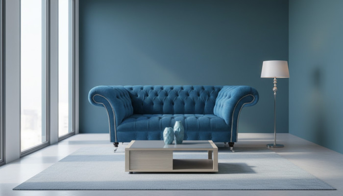Blauwe Chesterfield Luxe Bank Woonkamer Textielzitting Elegante Driezitsbank