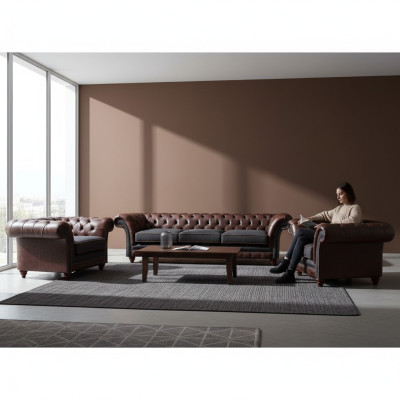 Bruin-grijze Chesterfield zitgroep 2x leren fauteuils driezitsbank 3-delige set