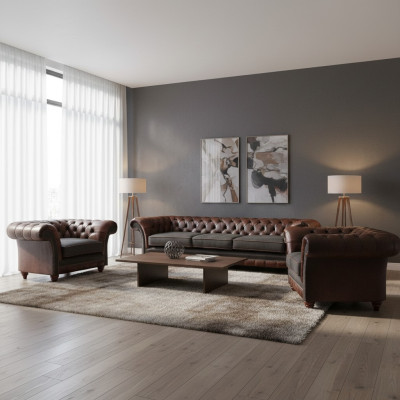 Bruin-grijze Chesterfield zitgroep 2x leren fauteuils driezitsbank 3-delige set