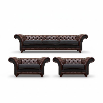 Bruin-grijze Chesterfield zitgroep 2x leren fauteuils driezitsbank 3-delige set