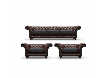 Bruin-grijze Chesterfield zitgroep 2x leren fauteuils driezitsbank 3-delige set