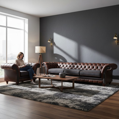 Chesterfield bruine leren bankstel driezitter luxe gestoffeerde fauteuil.