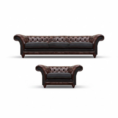 Chesterfield bruine leren bankstel driezitter luxe gestoffeerde fauteuil.