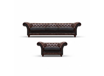 Chesterfield bruine leren bankstel driezitter luxe gestoffeerde fauteuil.