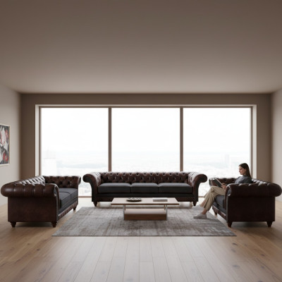 Chesterfield bruin-grijze set leren designbanken complete 3-delige set