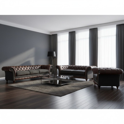 Chesterfield bruin-grijze set leren designbanken complete 3-delige set
