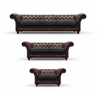 Chesterfield bruin-grijze set leren designbanken complete 3-delige set