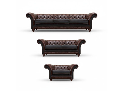 Chesterfield bruin-grijze set leren designbanken complete 3-delige set