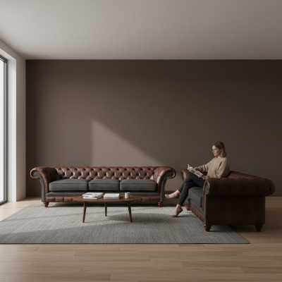 Chesterfield bruin-grijze woonkamer bankstel moderne sofa's 2-delig