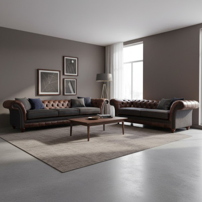 Chesterfield bruin-grijze woonkamer bankstel moderne sofa's 2-delig