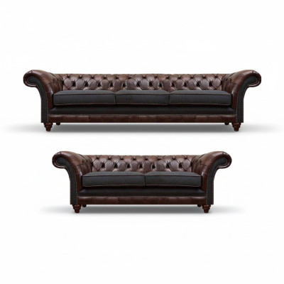 Chesterfield bruin-grijze woonkamer bankstel moderne sofa's 2-delig