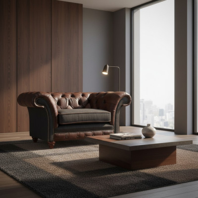 Chesterfield bruin-grijze fauteuil woonkamer eenzitter moderne elegante meubels