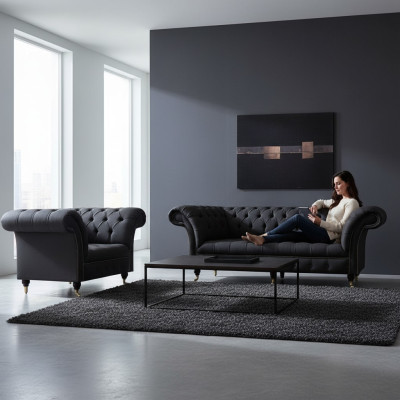 Chesterfield Zwart Stoffen Set Designer 3-Zits Bankstel 2-delig